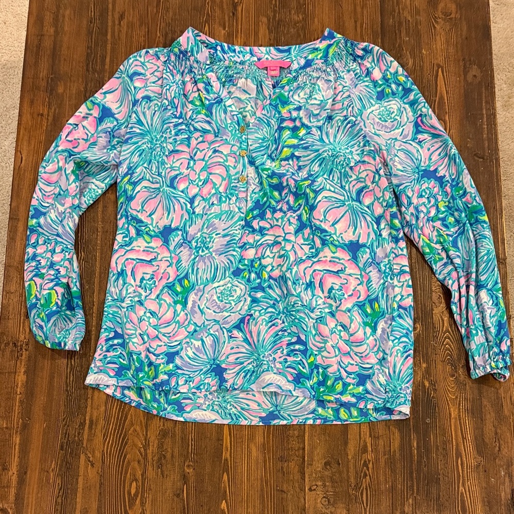Lilly Pulitzer Floral Long Sleeve Popover Top Blue Pink Medium